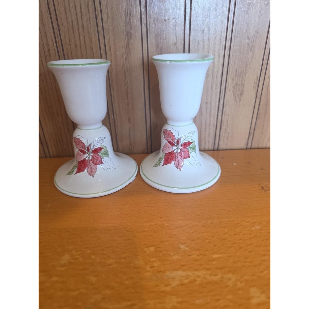 Block Bernarda Poinsettia Candlesticks Mary Lou Goertzen 1982 Set of 2 Japan - Picture 2 of 5